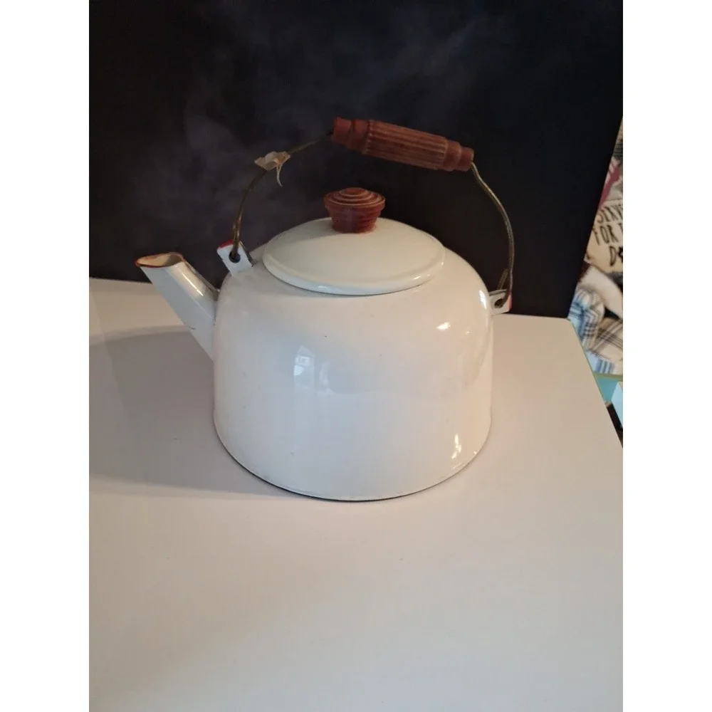 Vintage Antique 1960's Enamel Tea Pot White Red & Brown Trim Very Good Condition